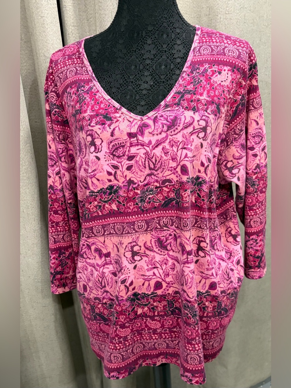 St. Johns Bay 100% Cotton V-Neck 3/4 Sleeve Stretch Top Boho 2X Fushia Pinks